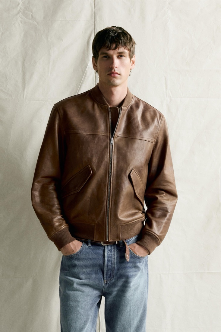 Vintage Effect Leather Bomber Jacket