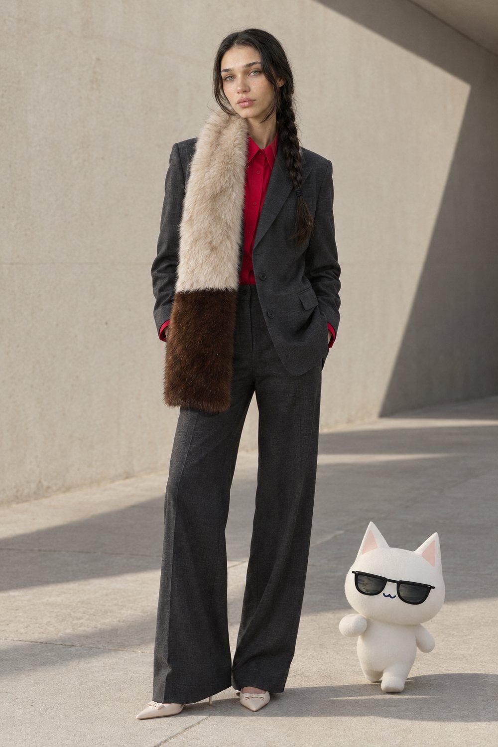 Wool suit with a faux fur scarf, worn by Kate
