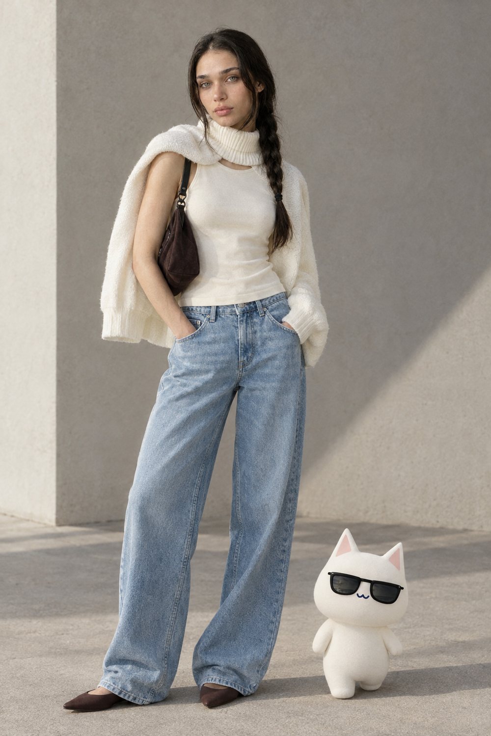 Knit cape and balloon jeans, worn by Kate