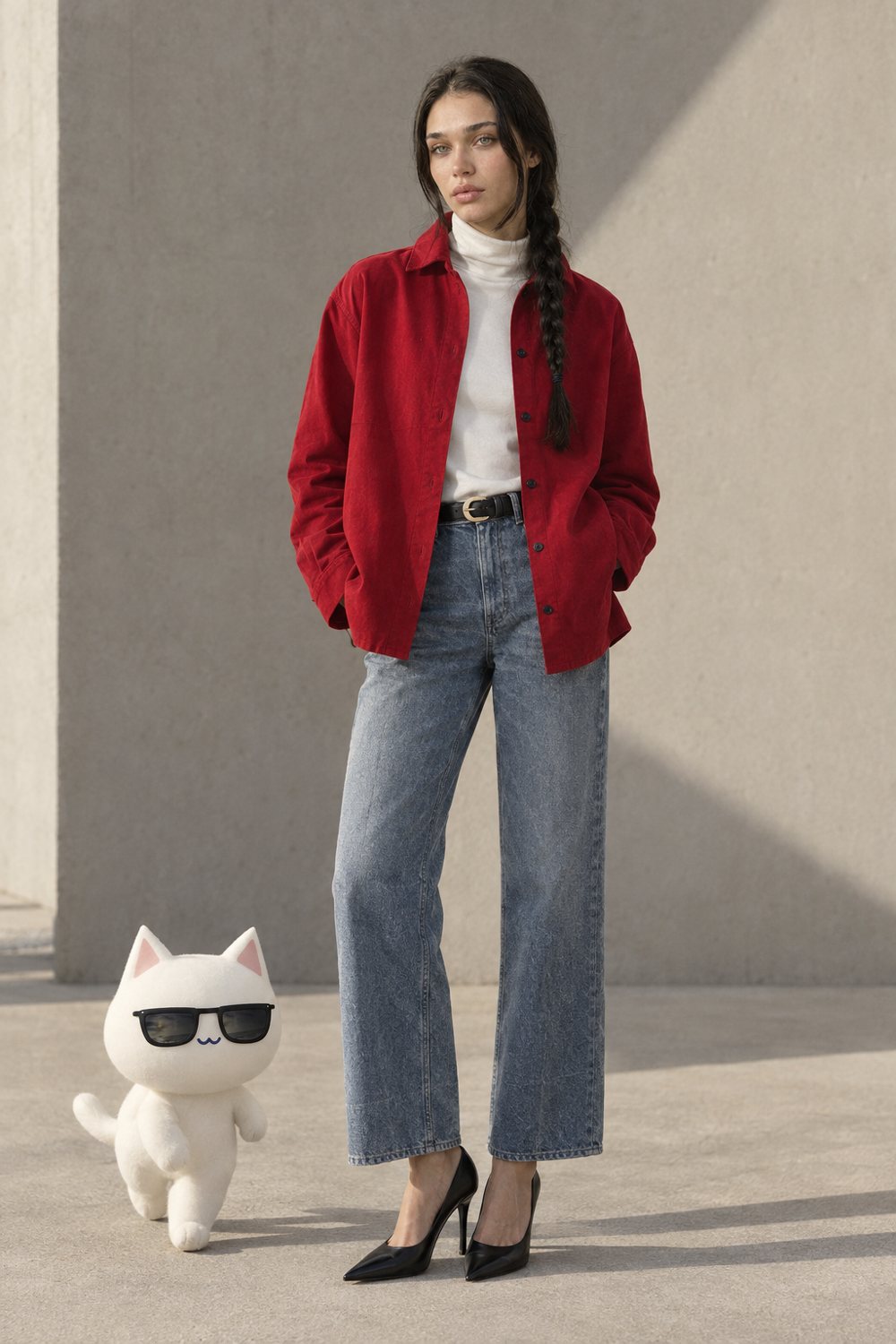 Balloon jeans and an oversized suede shirt, worn by Kate