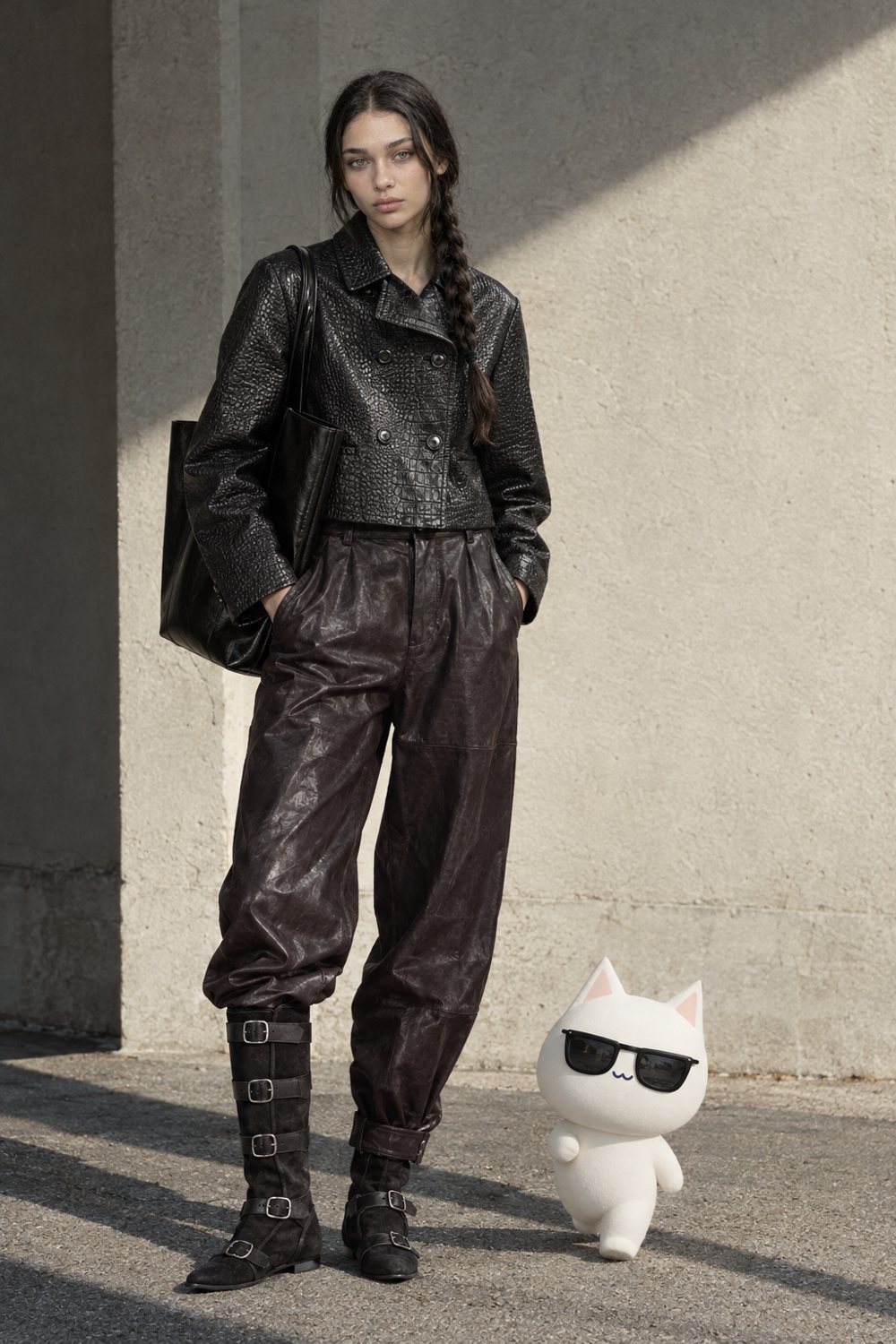 Leather on leather with suede boots, worn by Kate