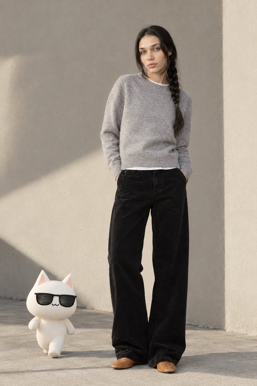 Wide corduroy trousers and a wool sweater, worn by Kate