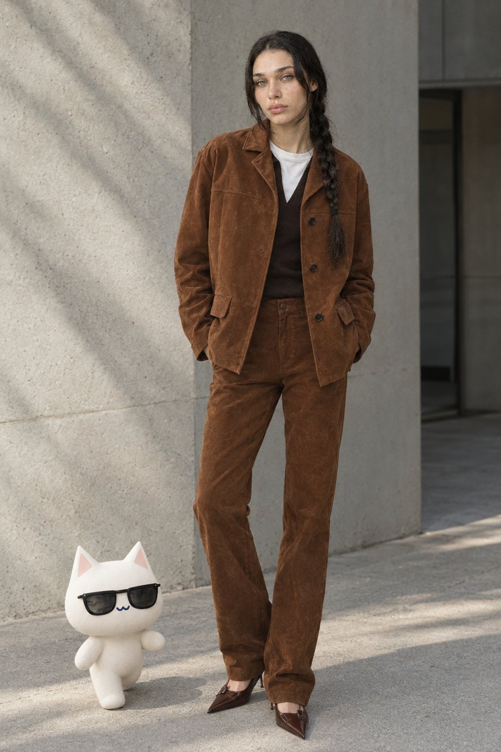Suede blazer and leather trousers, worn by Kate