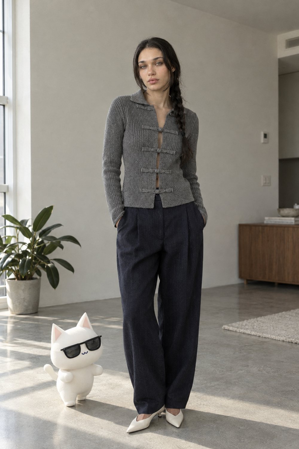 Ribbed cardigan and balloon trousers, worn by Kate