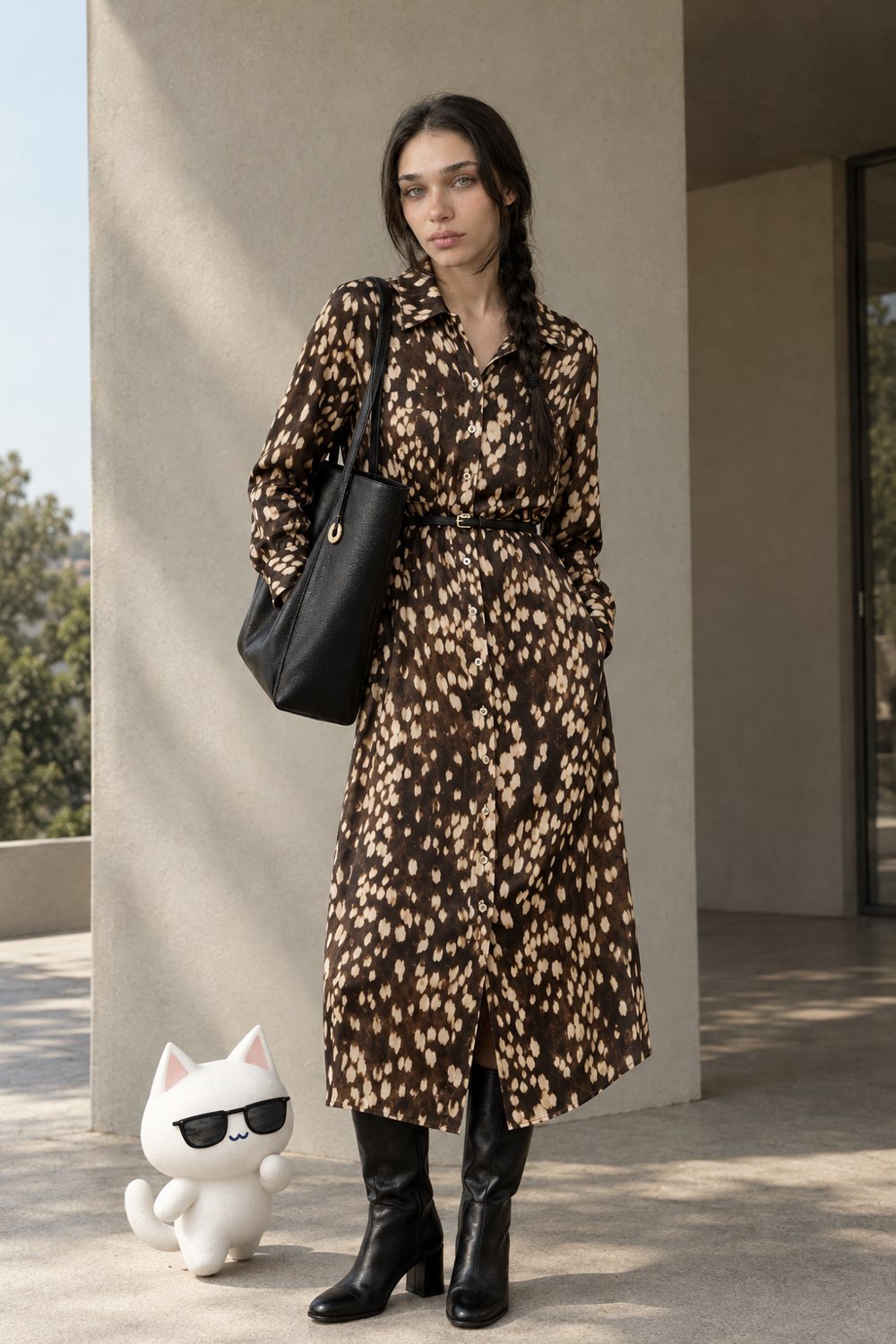 Leopard shirt dress and block boots, worn by Kate