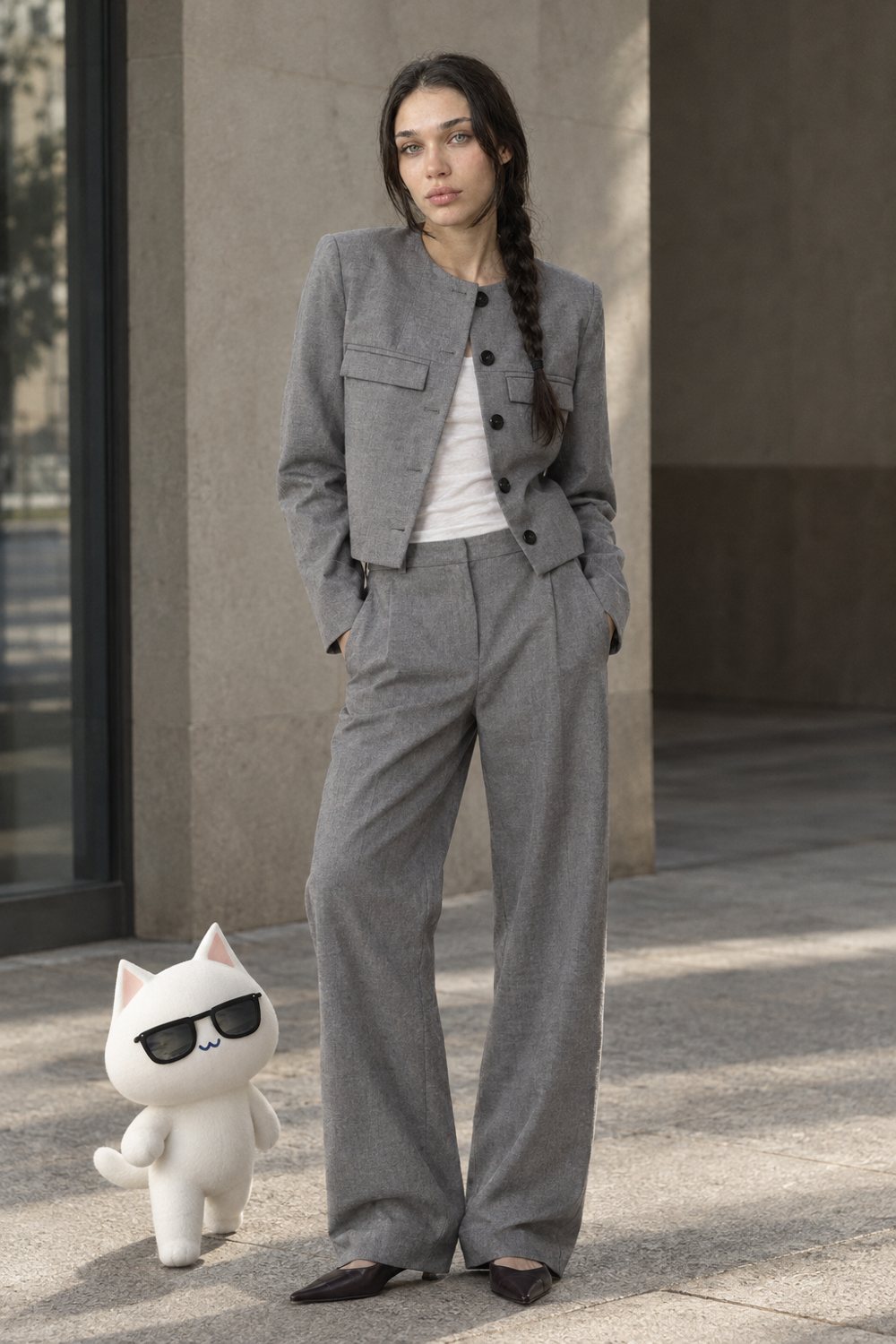 Straight trousers and a layered knit