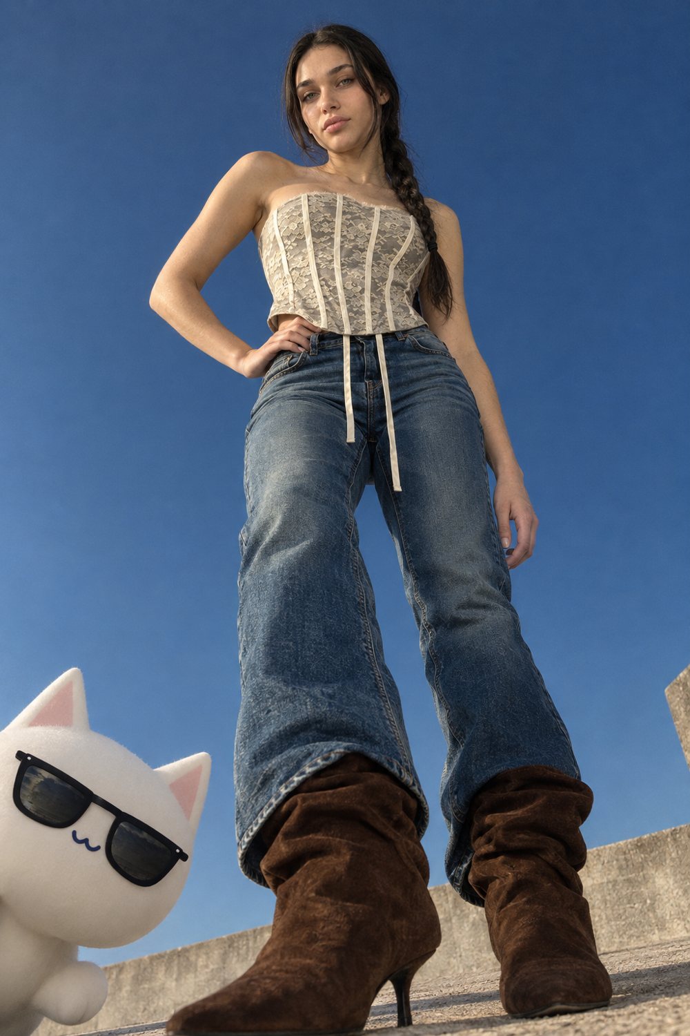 Flared jeans and a lace corset top