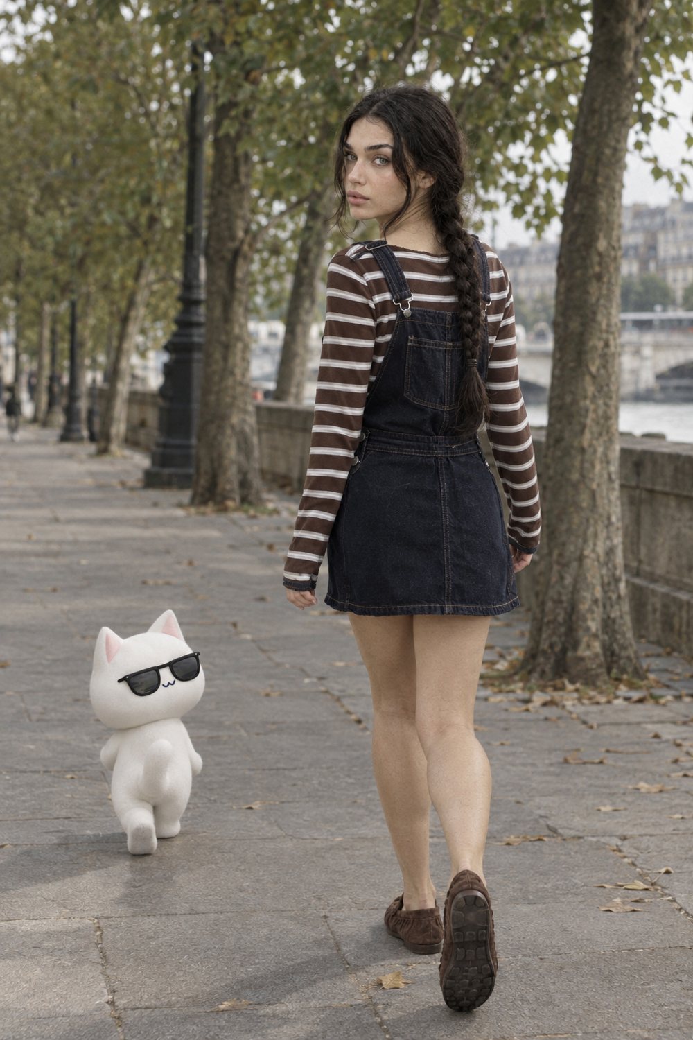 Indigo pinafore dress and suede loafers