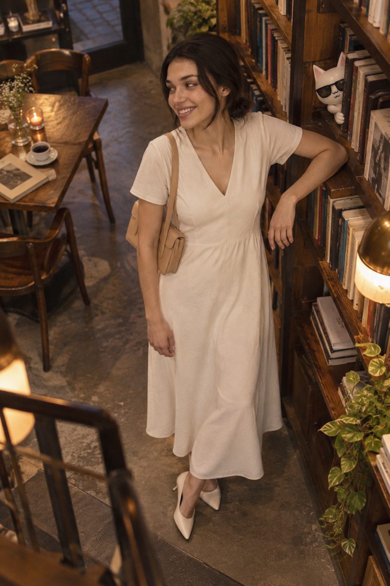 Midi dress and kitten heel pumps, worn by Kate