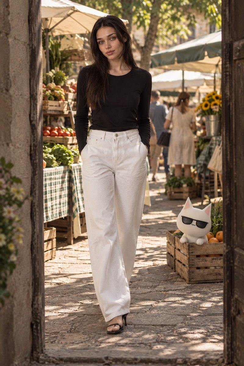 Long-sleeve top, cropped trousers, sandals and sunglasses, worn by Kate