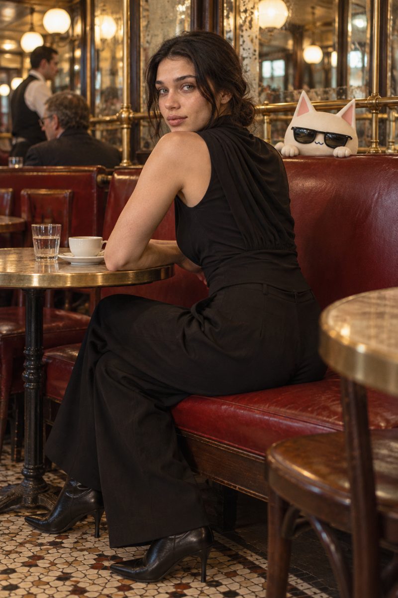 Draped top, wide-leg trousers and heeled mules, worn by Kate