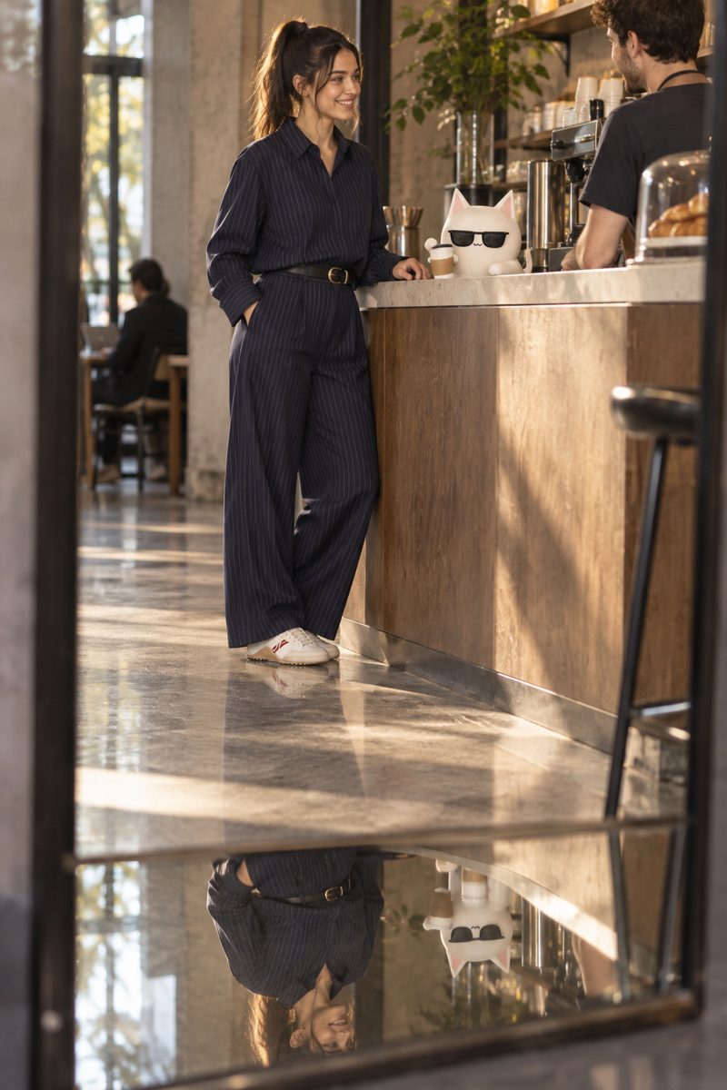 Pinstripe shirt, pinstripe wide-leg trousers, sweater and belt, worn by Kate