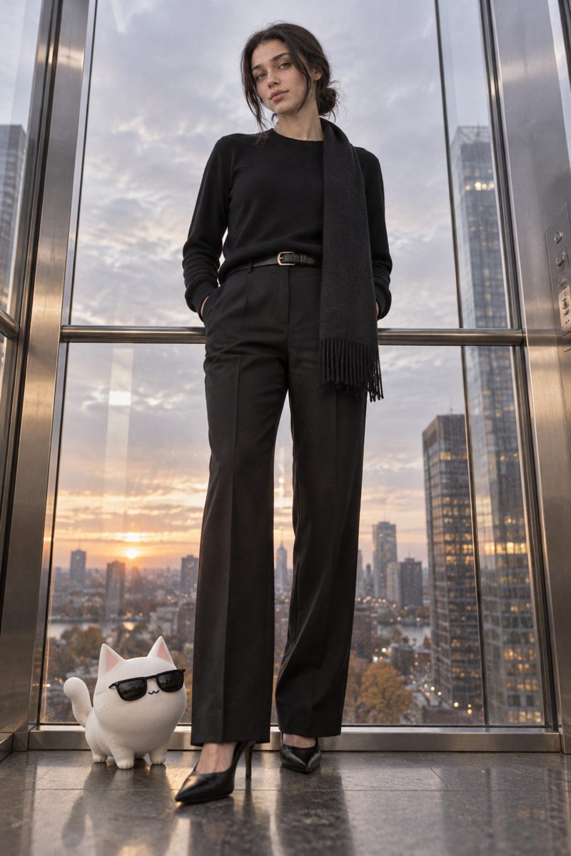 Turtleneck sweater, scarf, belt and trousers, worn by Kate