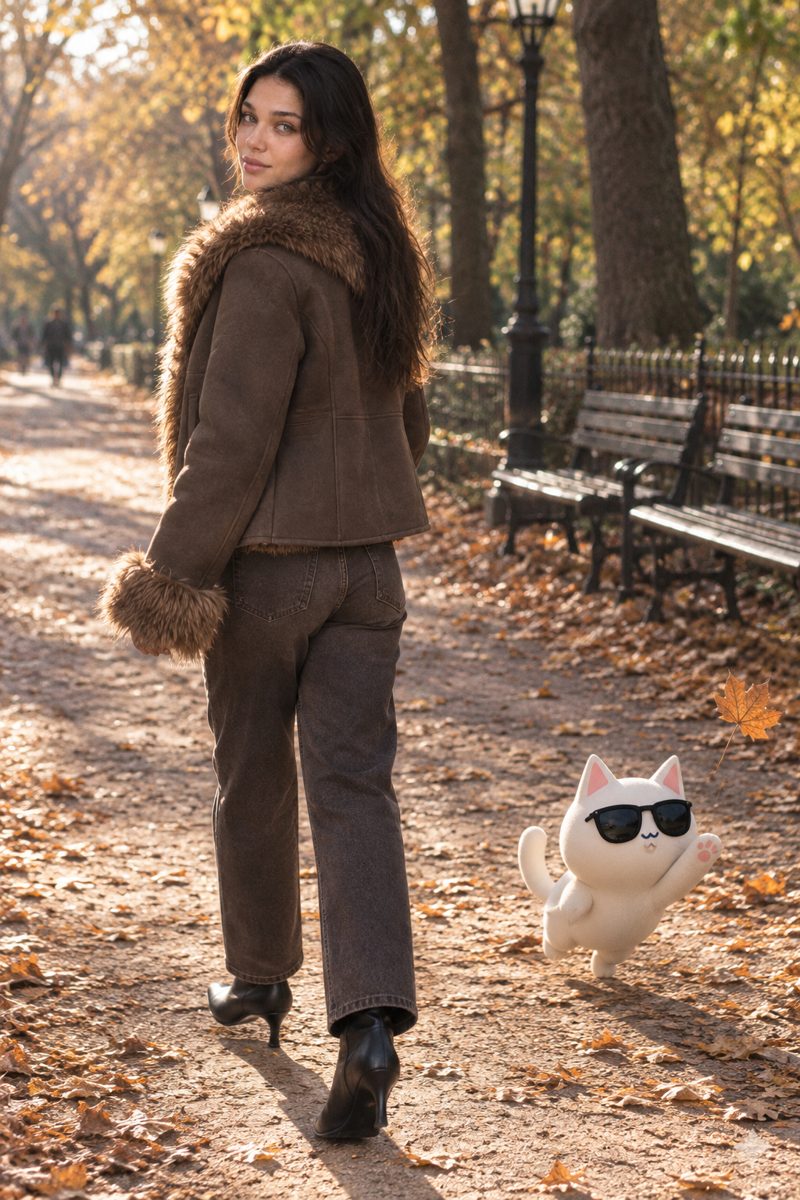 Faux fur jacket, jeans and heeled boots, worn by Kate