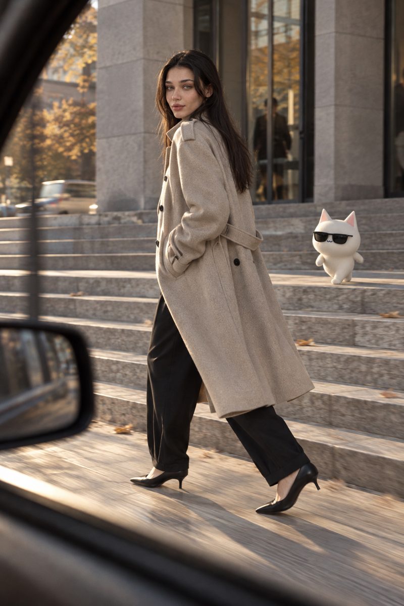 Wool coat, trousers and kitten heel sock boots, worn by Kate