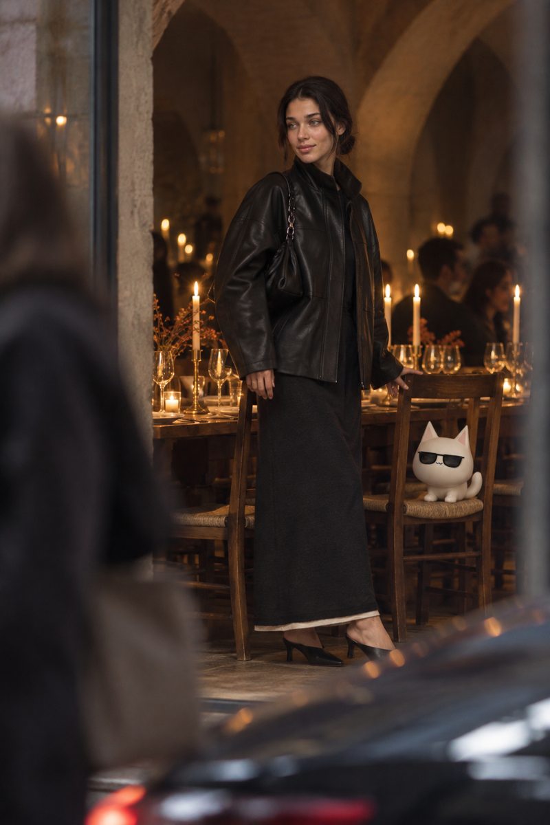 Leather jacket, slip dress, mules and bag, worn by Kate