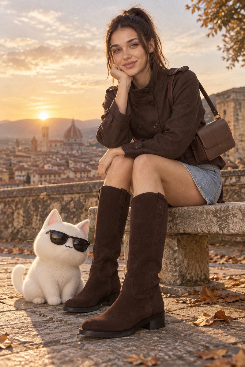 Trench coat, denim skirt, knee-high boots and crossbody bag, worn by Kate