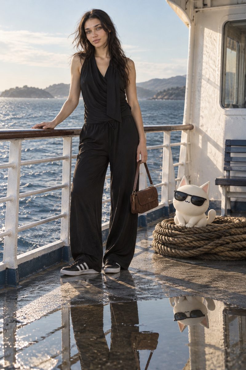 Halter neck top, wide-leg trousers, sneakers and crossbody bag, worn by Kate