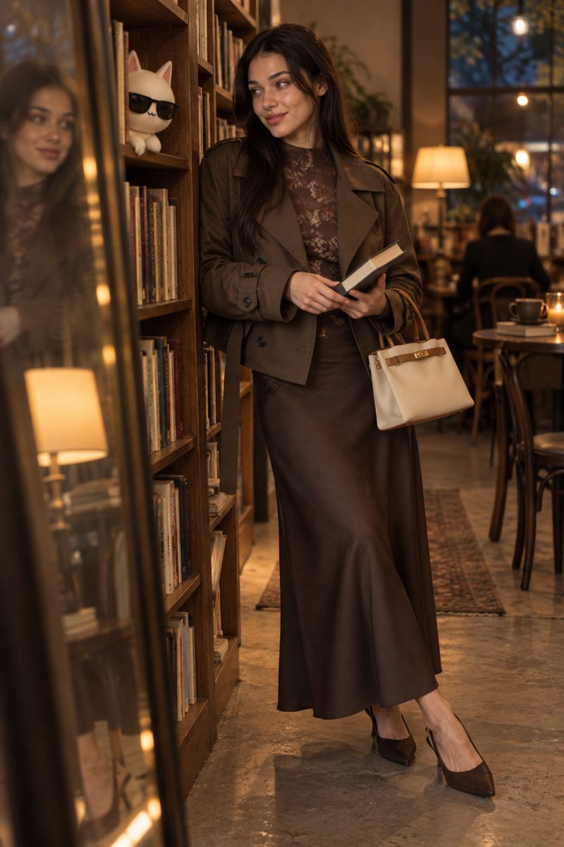 Trench coat, lace top, slip skirt and slingback heels, worn by Kate