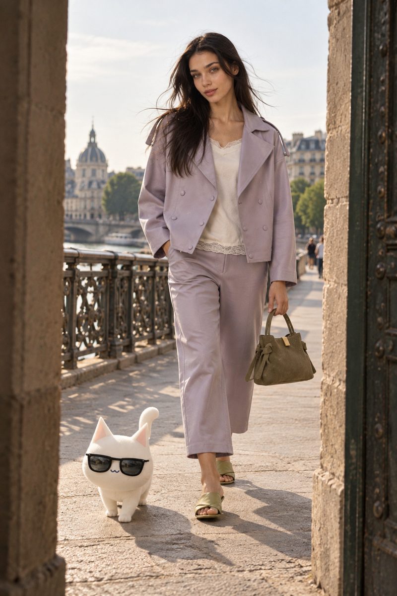 Leather jacket, culottes, sandals and handbag, worn by Kate