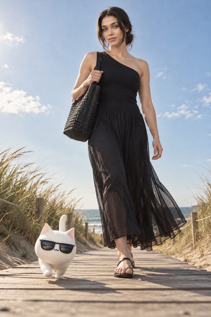 One-shoulder dress, maxi dress, tote bag and flat sandals, worn by Kate