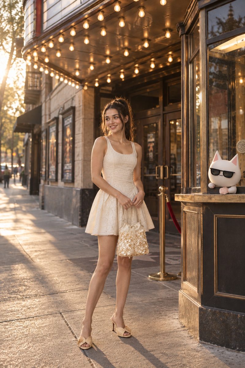 Minidress, heeled mules and mini bag, worn by Kate