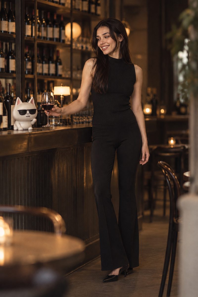 Sleeveless top, flared pants and pointed flats, worn by Kate