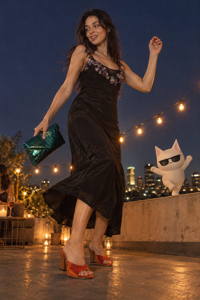 Midi dress, clutch bag, mules and earrings, worn by Kate
