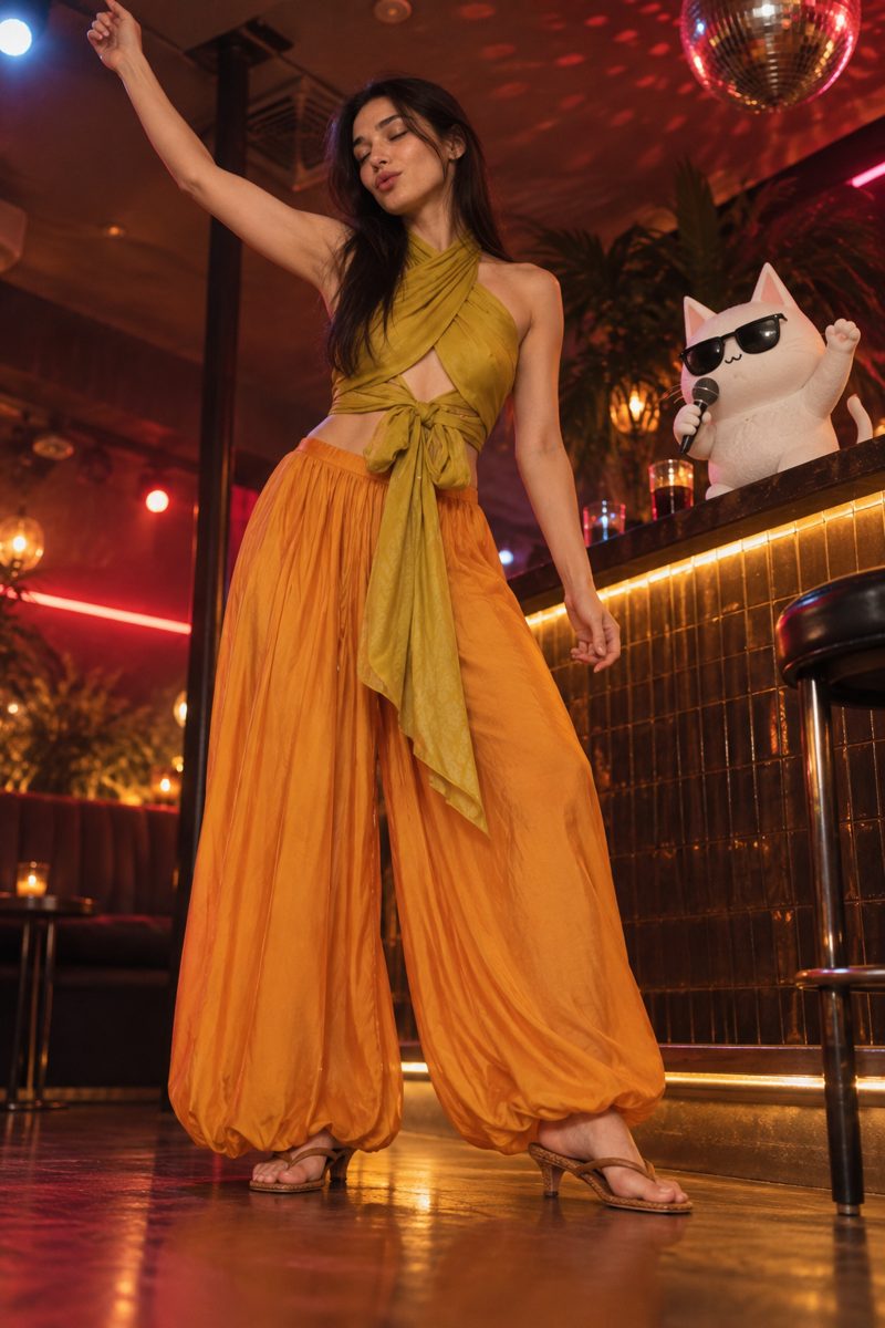 Halter crop top, harem pants, clutch bag and flat sandals, worn by Kate