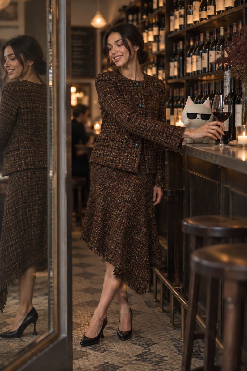 Tweed blazer, tweed skirt, mules and handbag, worn by Kate