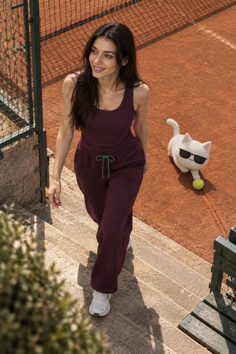 Racerback tank top, wide-leg sweatpants and sneakers, worn by Kate