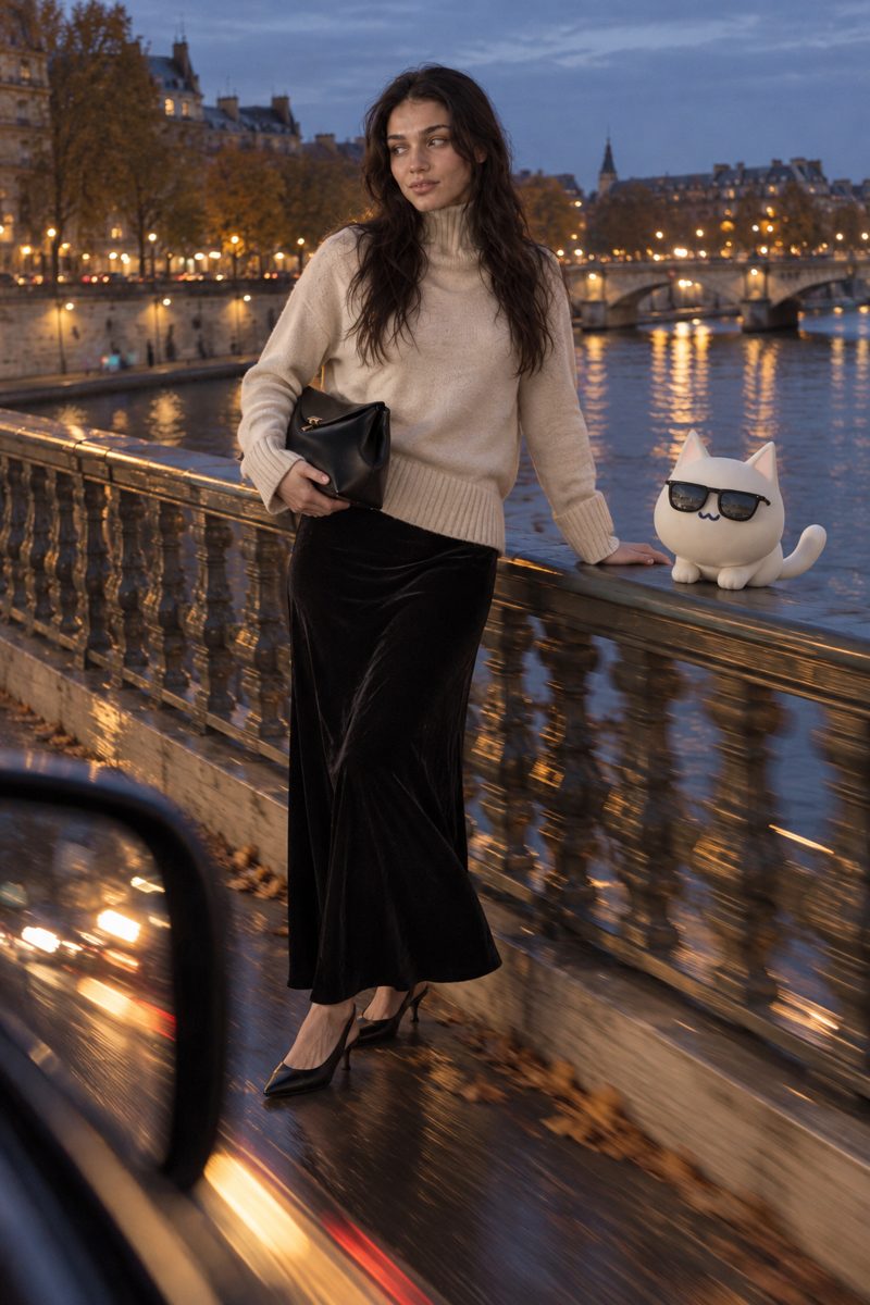 Turtleneck sweater, maxi skirt, heels and clutch bag, worn by Kate