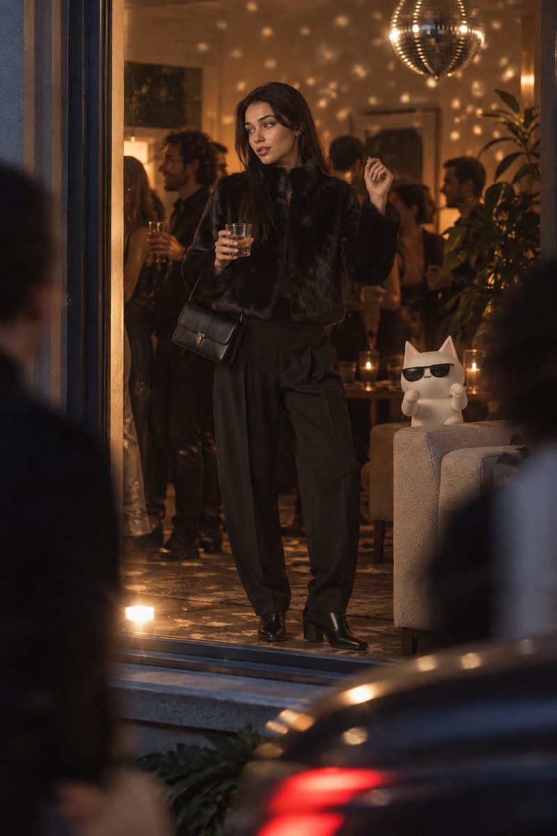 Shearling coat, turtleneck top and wide-leg trousers, worn by Kate