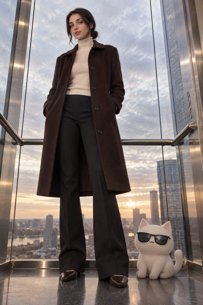 Long coat, turtleneck, trousers and mules, worn by Kate