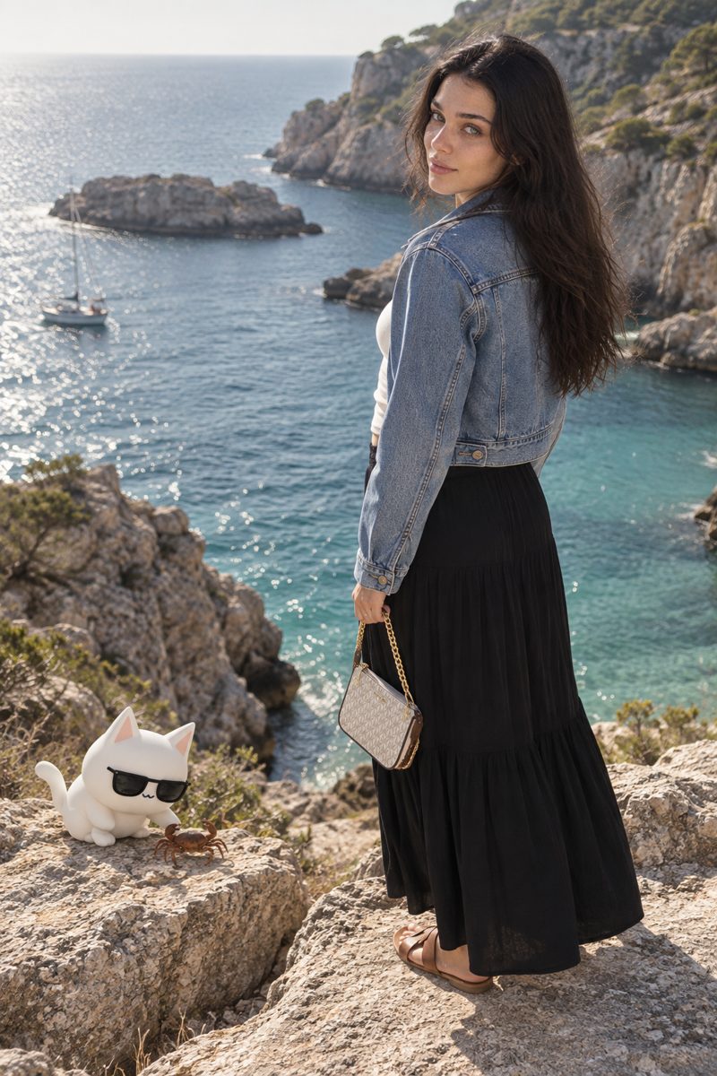 Denim jacket, crop top, maxi skirt and sandals, worn by Kate