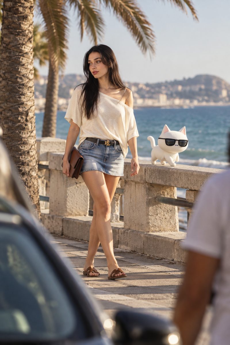 Poncho, bikini top, denim skirt and sandals, worn by Kate