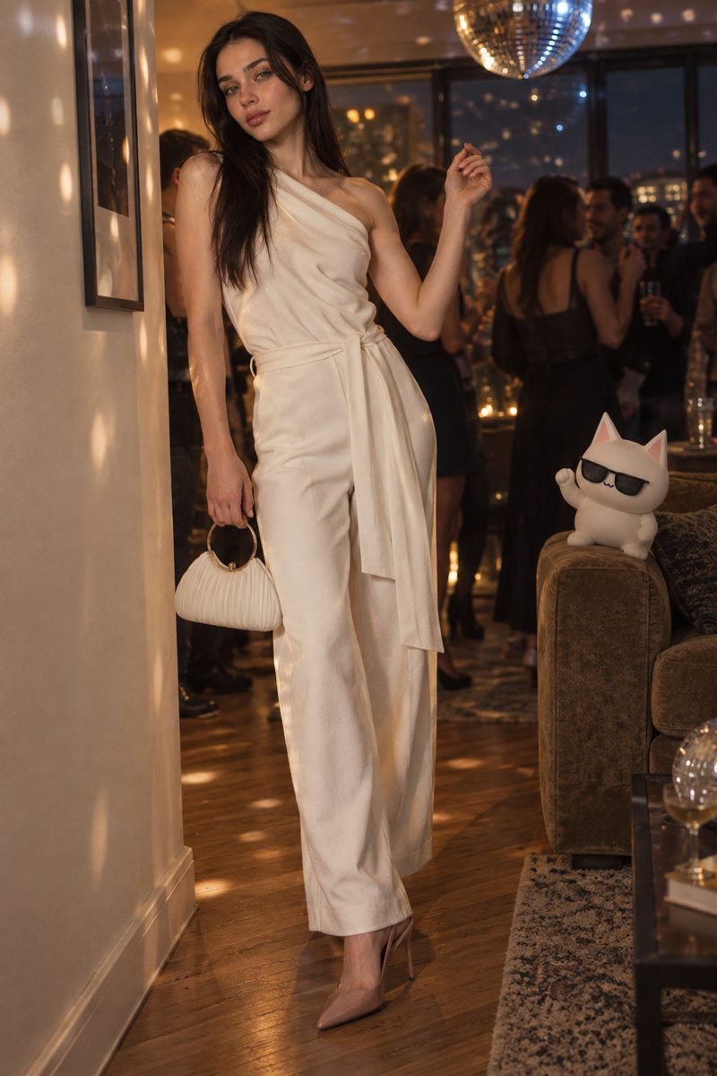 One-shoulder top, trousers, clutch and sunglasses, worn by Kate