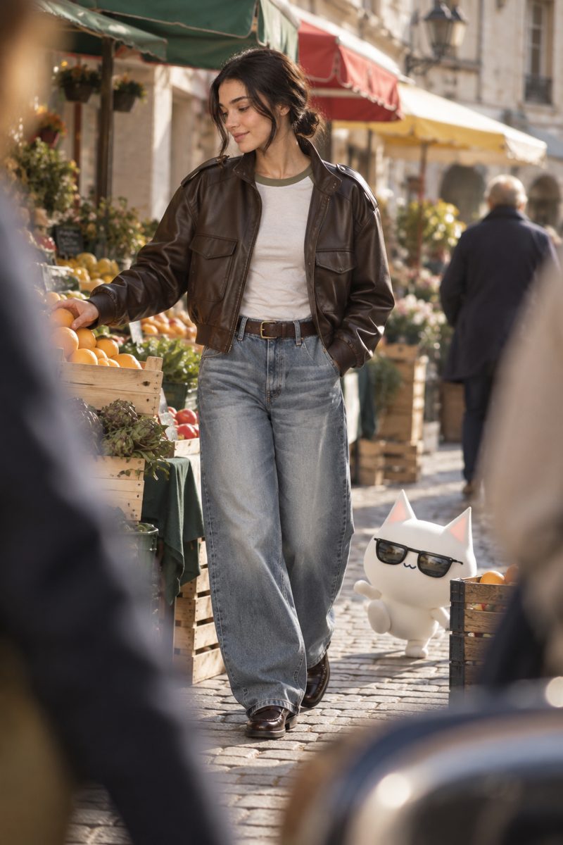 Long-sleeve t-shirt, jeans, leather jacket and moccasins, worn by Kate