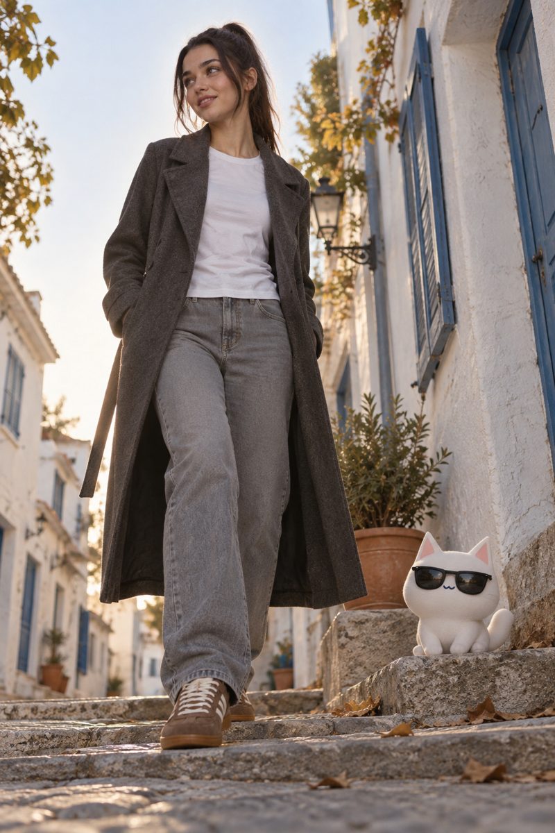 Trench coat, t-shirt, jeans and sneakers, worn by Kate
