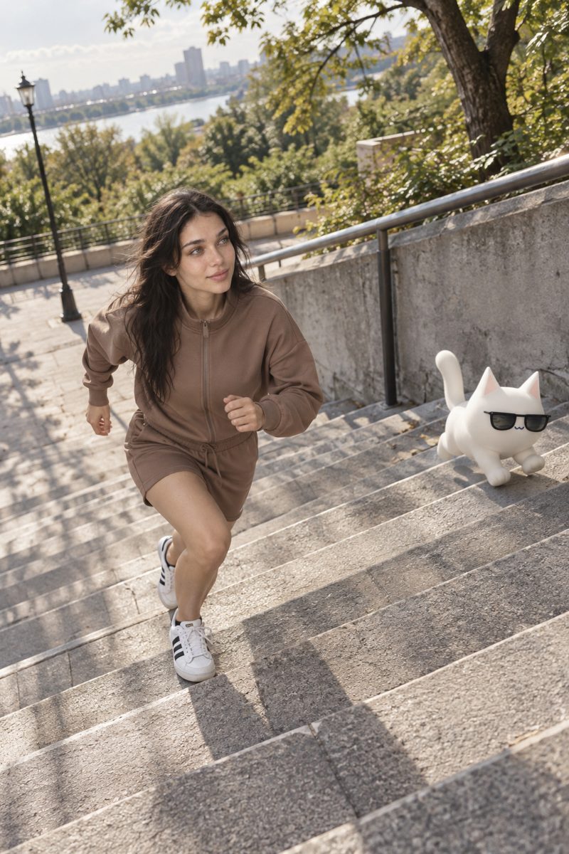 Track jacket, shorts, t-shirt and socks, worn by Kate