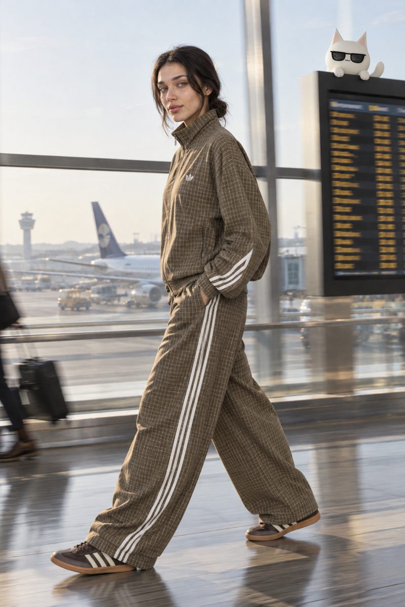 Track jacket, crop top, wide leg track pants and sneakers, worn by Kate