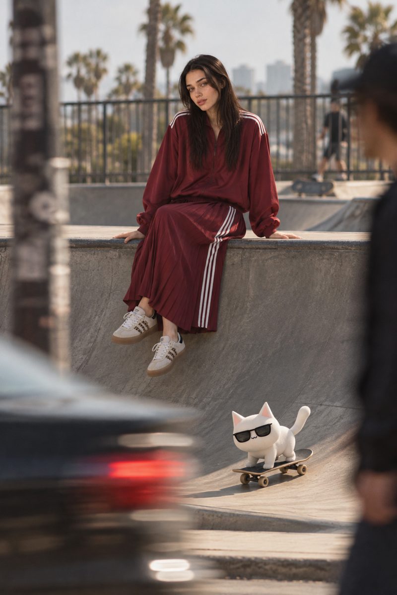 Bomber jacket, pleated skirt and sneakers, worn by Kate
