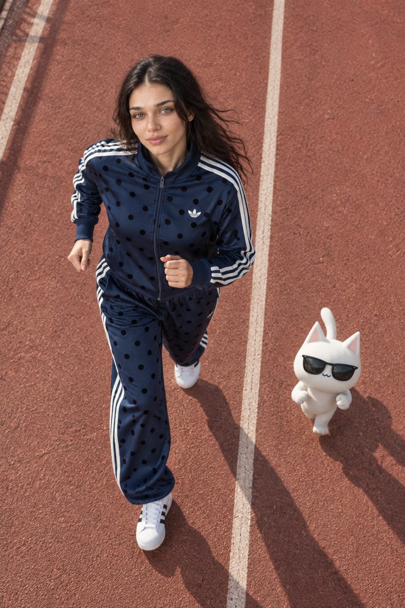 Track jacket, bra top, track pants and sneakers, worn by Kate