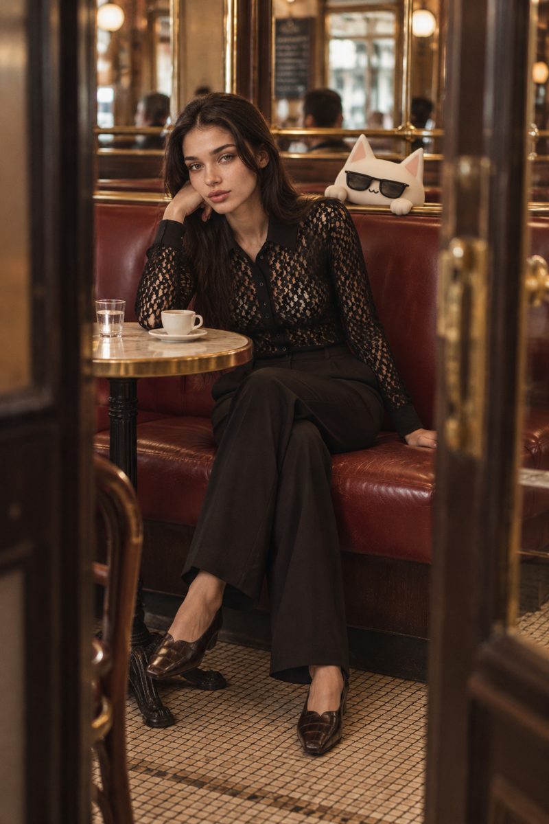 Lace shirt, wide-leg trousers, heels and necklace, worn by Kate