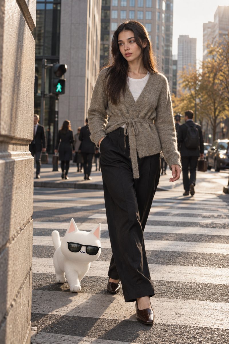 Cardigan, t-shirt, wide-leg trousers and heels, worn by Kate